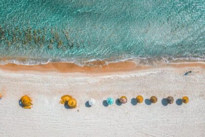 aerial view photography of umbrellas on shore